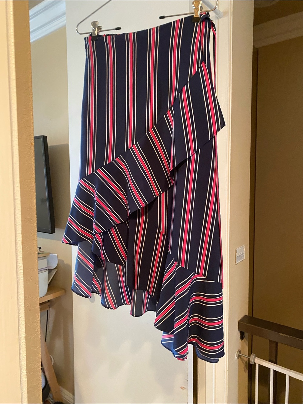 LAUNDRY BY SHELLI SEGAL Striped Ruffle Midi Skirt in Navy and Pink